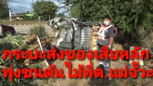 กระบะส่งสินค้าเสียหลักชนต้นไม้ข้างถนนสายแพร่- เด่นชัย จุดกลับรถบ้านเหมืองใหม่ ต.แม่จั๊วะ อ.เด่นชัย รถพลิกคว่ำคนขับบาดเจ็บสาหัส