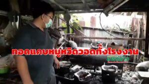 (มีคลิป)กระทะน้ำมันคว่ำใส่เตาไฟทอดแคบหมูหวิดวอดทั้งโรงงาน