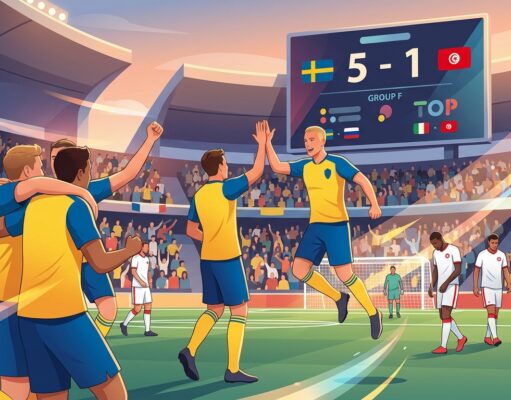 นักฟุตบอลทีมเสื้อเหลืองน้ำเงินฉลองชัยชนะในสนาม สกอร์บอร์ดแสดงคะแนน 5-1 ท่ามกลางกองเชียร์