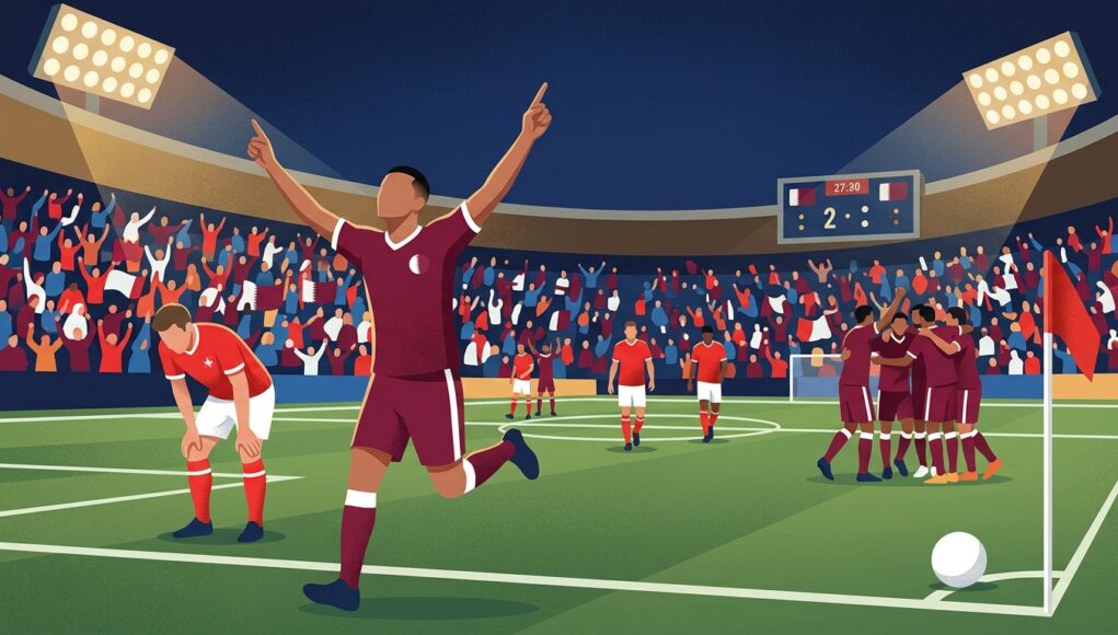 กาตาร์ไล่เจ๊าสวิตเซอร์แลนด์ 1-1 ช่วงทดเจ็บ คว้าแต้มประวัติศาสตร์ในฟุตบอลโลก นักฟุตบอลชุดสีแดงเข้มวิ่งชูมือฉลองประตูในสนาม ท่ามกลางกองเชียร์และป้ายคะแนนบนอัฒจันทร์