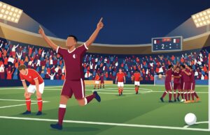 กาตาร์ไล่เจ๊าสวิตเซอร์แลนด์ 1-1 ช่วงทดเจ็บ คว้าแต้มประวัติศาสตร์ในฟุตบอลโลก นักฟุตบอลชุดสีแดงเข้มวิ่งชูมือฉลองประตูในสนาม ท่ามกลางกองเชียร์และป้ายคะแนนบนอัฒจันทร์