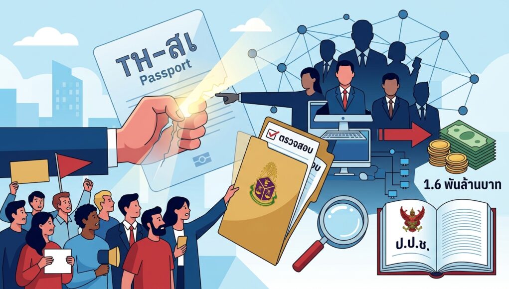 พรรคประชาชนจี้รัฐบาลล้มโครงการ TH-AI Passport มูลค่า 1.6 พันล้านบาท ขู่ยื่น ป.ป.ช. สอบหากเดินหน้าต่อ อินโฟกราฟิกการตรวจสอบของ ป.ป.ช. แสดงพาสปอร์ต เครือข่ายบุคคล แว่นขยาย และเงิน 1.6 พันล้านบาท