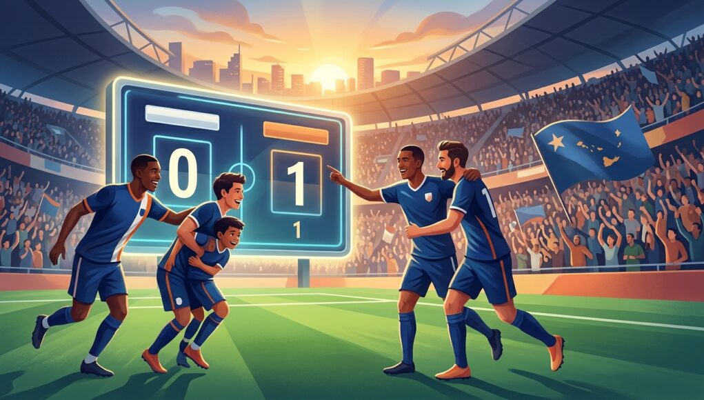 อัปเดตตารางคะแนนฟุตบอลโลก 2026 กลุ่มเอช เผยผลงานทีมหน้าใหม่ที่มีประชากรน้อยกว่าจังหวัดในไทย หลังคว้า 1 แต้มประวัติศาสตร์ นักฟุตบอลฉลองชัยชนะในสนาม โดยมีป้ายคะแนนแสดงผล 0-1 และแฟนบอลร่วมยินดีบนอัฒจันทร์