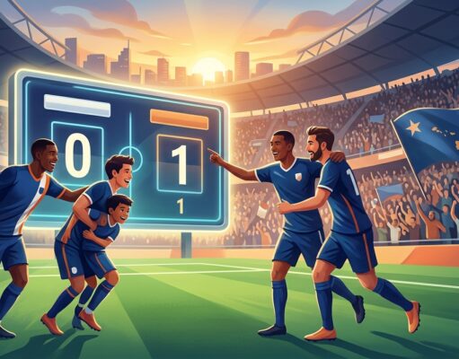 นักฟุตบอลฉลองชัยชนะในสนาม โดยมีป้ายคะแนนแสดงผล 0-1 และแฟนบอลร่วมยินดีบนอัฒจันทร์