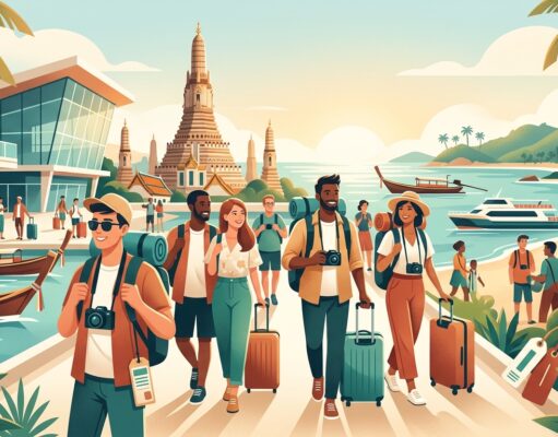 กลุ่มนักท่องเที่ยวสะพายเป้ลากกระเป๋าเดินทางริมทะเล มีฉากหลังเป็นวัดอรุณและเรือหางยาว