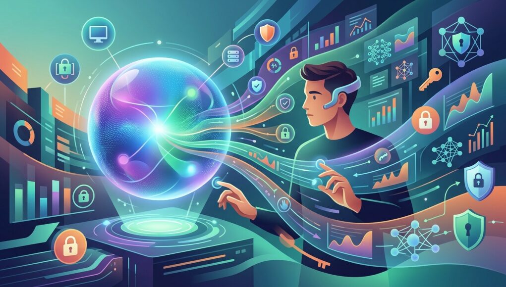 การวิเคราะห์เจาะลึก Siri AI โฉมใหม่จากงาน WWDC 2026: การก้าวข้ามขีดจำกัดเดิมสู่ผู้ช่วยอัจฉริยะที่เน้นความเป็นส่วนตัว ชายหนุ่มโต้ตอบกับลูกกลมเรืองแสงและข้อมูลดิจิทัลที่มีไอคอนความปลอดภัยและกราฟวิเคราะห์