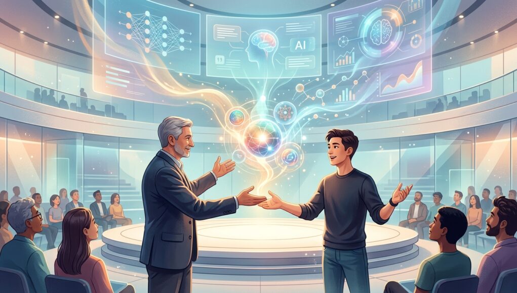 เจาะลึก WWDC 2026: ยุคใหม่ของ Siri AI และการส่งไม้ต่อครั้งสำคัญของ Apple ชายสองคนบนเวทีกำลังนำเสนอเทคโนโลยี AI เรืองแสง ท่ามกลางผู้ชมในห้องประชุมล้ำสมัย