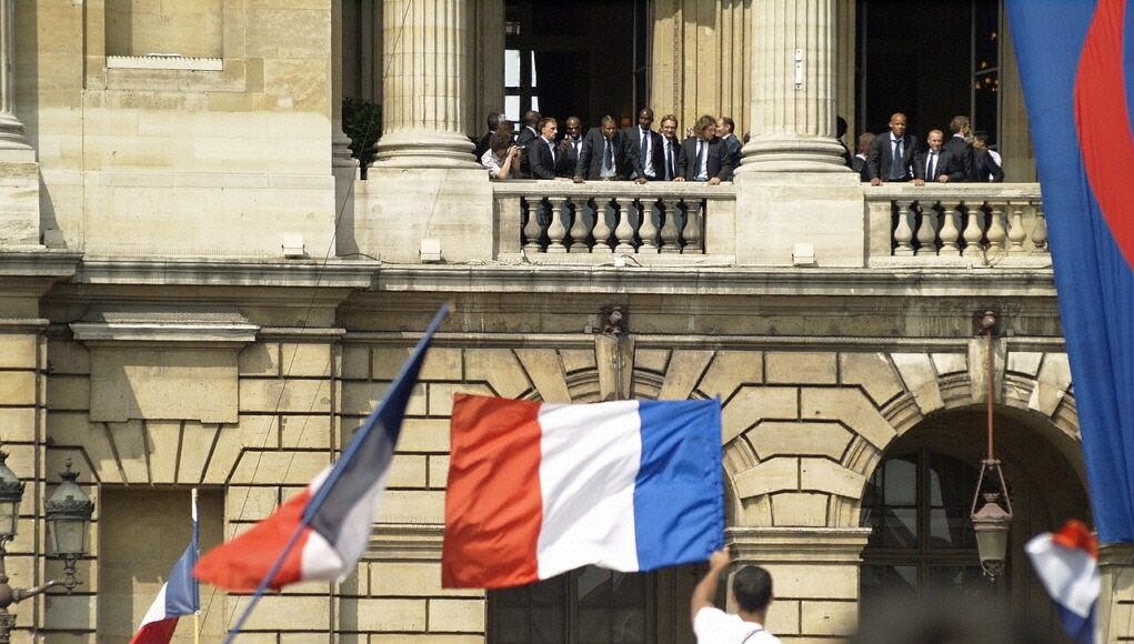French national football (soccer) team meet the crowds on Place de la Concorde after 2nd place in World Championships on July 10, 2006. France national football team
