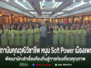 สถาบันคุณวุฒิวิชาชีพ หนุน Soft Power เมืองแพร่ พัฒนานักเล่าเรื่องท้องถิ่นสู่การท่องเที่ยวคุณภาพ THAILAND TOURISM SKILL LAB กลุ่มคนยืนถ่ายภาพหมู่ในห้องประชุมขนาดใหญ่ พร้อมข้อความภาษาไทยด้านล่างภาพ