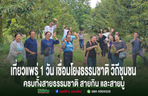(มีคลิป)เที่ยวเมืองแพร่ 1 วัน ครบทั้งสายธรรมชาติ สายกิน และสายมู กลุ่มคนยืนโพสท่าถ่ายรูปอย่างมีความสุขในสวนทุเรียนสีเขียวขจี บางคนถือผลทุเรียน