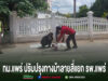 เจ้าหน้าที่ตำรวจและคนงานกำลังปรับปรุงทาสีทางม้าลายบนถนนหน้ากำแพงสีขาว มีข้อความภาษาไทยด้านล่างภาพ