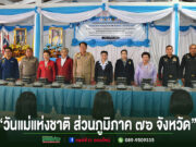 เทศบาลเมืองแพร่ ร่วมกิจกรรมโครงการน้ำพระทัยพระราชทาน “วันแม่แห่งชาติ ส่วนภูมิภาค 76 จังหวัด” ประจำปี 2569 ภาพพิธีเปิดกิจกรรมวันแม่แห่งชาติ ส่วนภูมิภาค 76 จังหวัด มีผู้เข้าร่วมงานยืนเรียงแถวหลังโต๊ะอาหารกล่อง