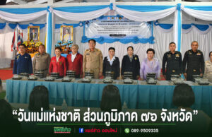 เทศบาลเมืองแพร่ ร่วมกิจกรรมโครงการน้ำพระทัยพระราชทาน “วันแม่แห่งชาติ ส่วนภูมิภาค 76 จังหวัด” ประจำปี 2569 ภาพพิธีเปิดกิจกรรมวันแม่แห่งชาติ ส่วนภูมิภาค 76 จังหวัด มีผู้เข้าร่วมงานยืนเรียงแถวหลังโต๊ะอาหารกล่อง