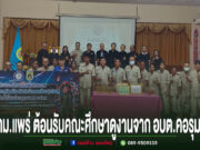 ทม.แพร่ ให้การต้อนรับคณะศึกษาดูงานจาก อบต.คอรุม ร่วมแลกเปลี่ยนเรียนรู้การจัดการศูนย์ อปพร ภาพถ่ายหมู่ของคณะศึกษาดูงานจาก อบต.คอรุม ในห้องประชุมที่มีป้ายต้อนรับและป้ายโครงการฝึกอบรม