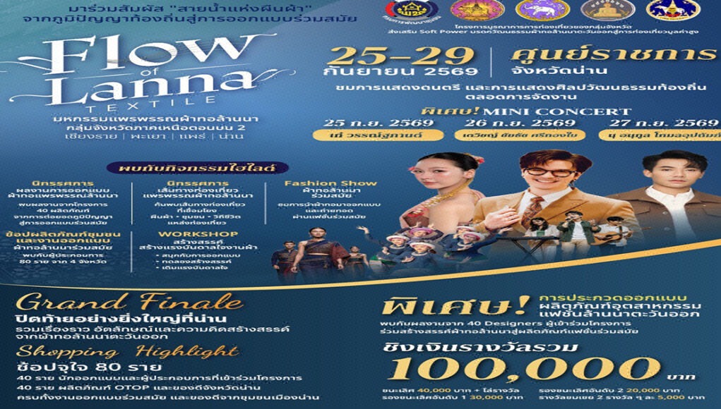 oo โปสเตอร์ประชาสัมพันธ์งาน Flow of Lanna Textile วันที่ 25-29 กันยายน 2569 ณ ศูนย์ราชการจังหวัดน่าน